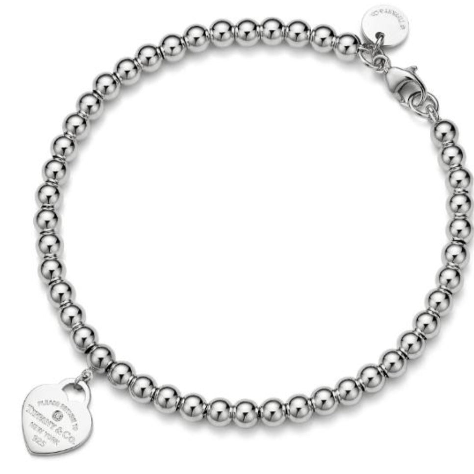 BRAZALETE RETURN TO TIFFANY BRAZALETE CON CUENTAS Y PLACA ESTILO CORAZÓN CON UN MINI DIAMANTE Plata s925